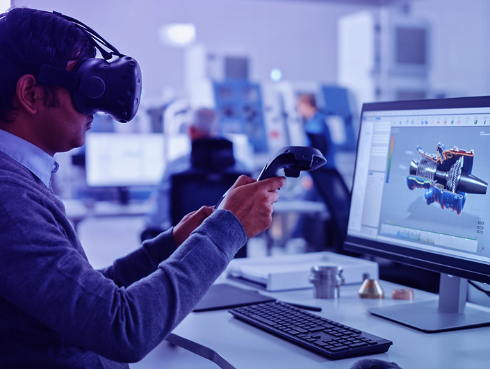 person wearing a virtual reality (VR) headset and engaged in designing or creating using the VR technology. The person is immersed in a virtual environment and using motion controllers or gestures to interact with the virtual elements.