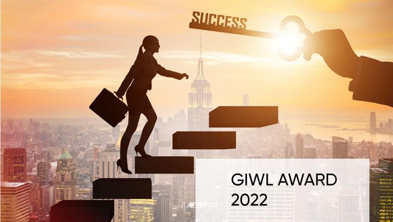 A working woman confidently walking up a staircase towards a man holding a key, symbolizing success and achievement. which used as cover image for giwl-award-winning